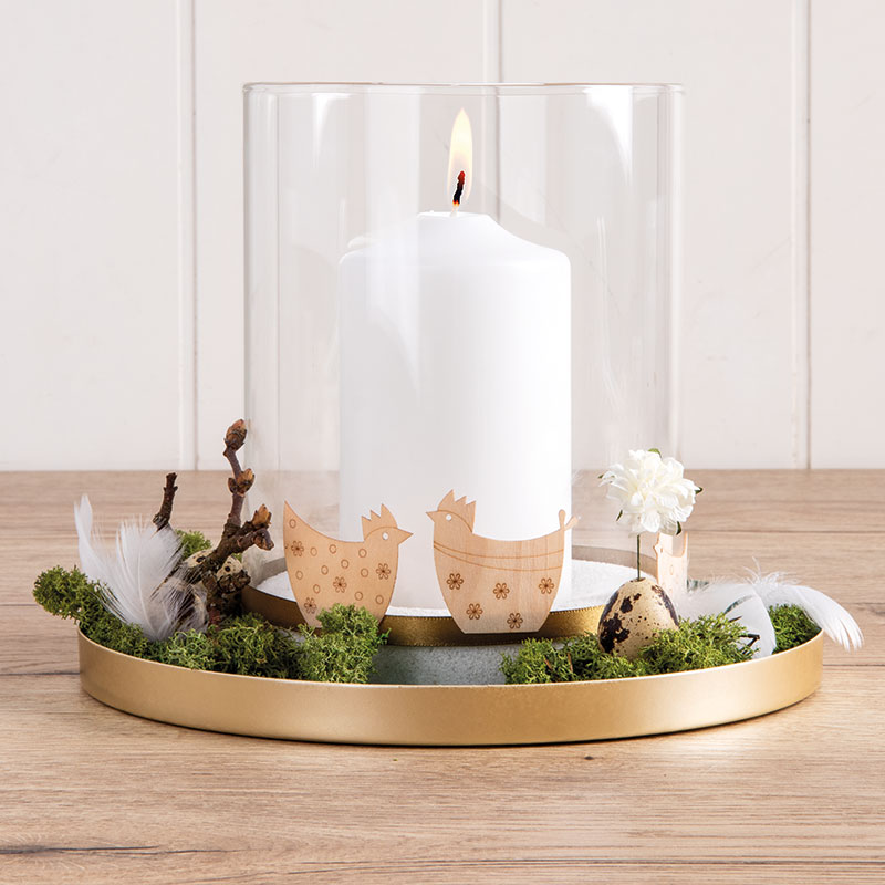 Metall-Deko-Tablett mit Furnierholz-Hühner