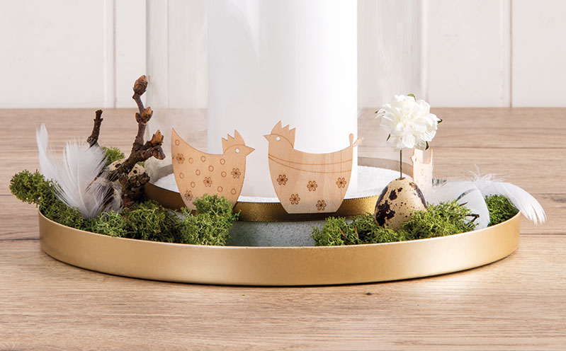 Metall-Deko-Tablett mit Furnierholz-Hühner